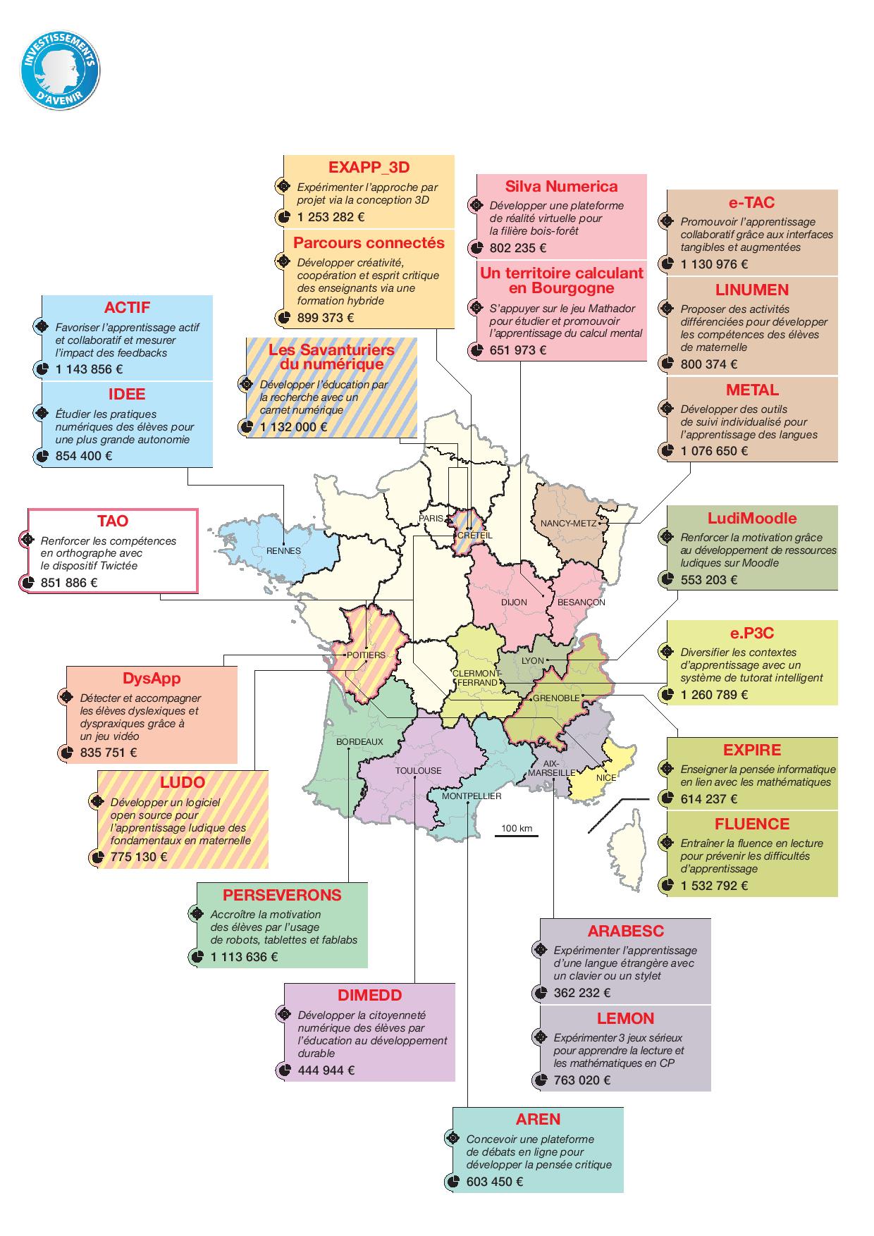 Carte de France localisant et présentant les 22 projets e-FRAN. Description détaillée ci-dessous.