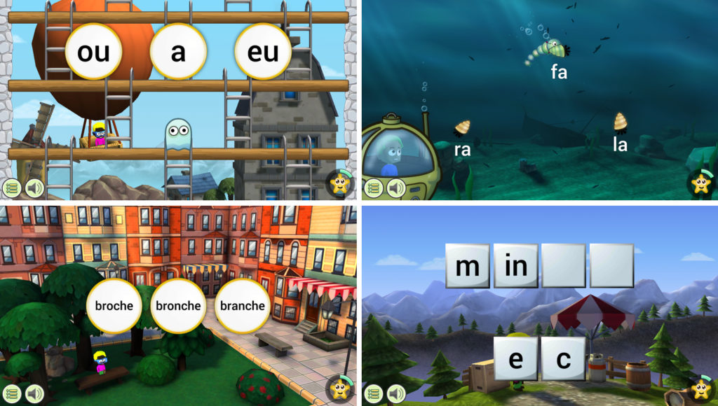 Capture d'écran illustrant différents mini-jeux proposés dans l'application. Description détaillée ci-dessous.