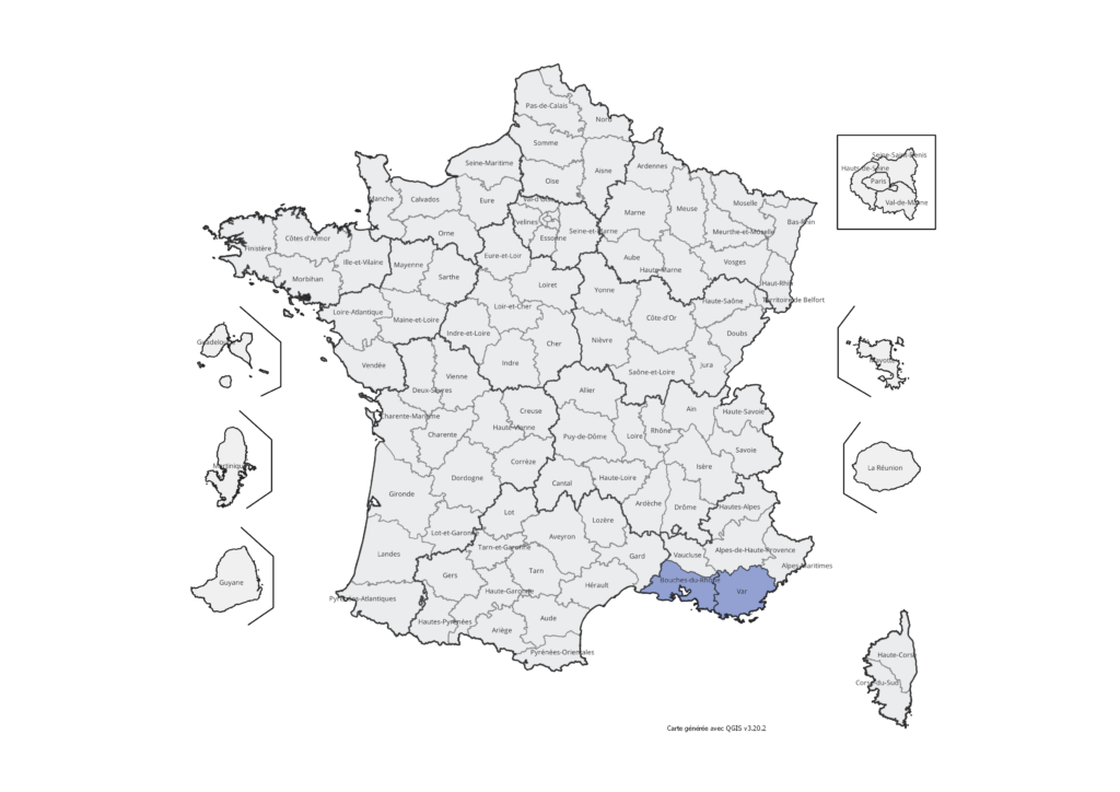 Carte de France indiquant les départements impliqués dans le projet. Description détaillée ci-dessous.