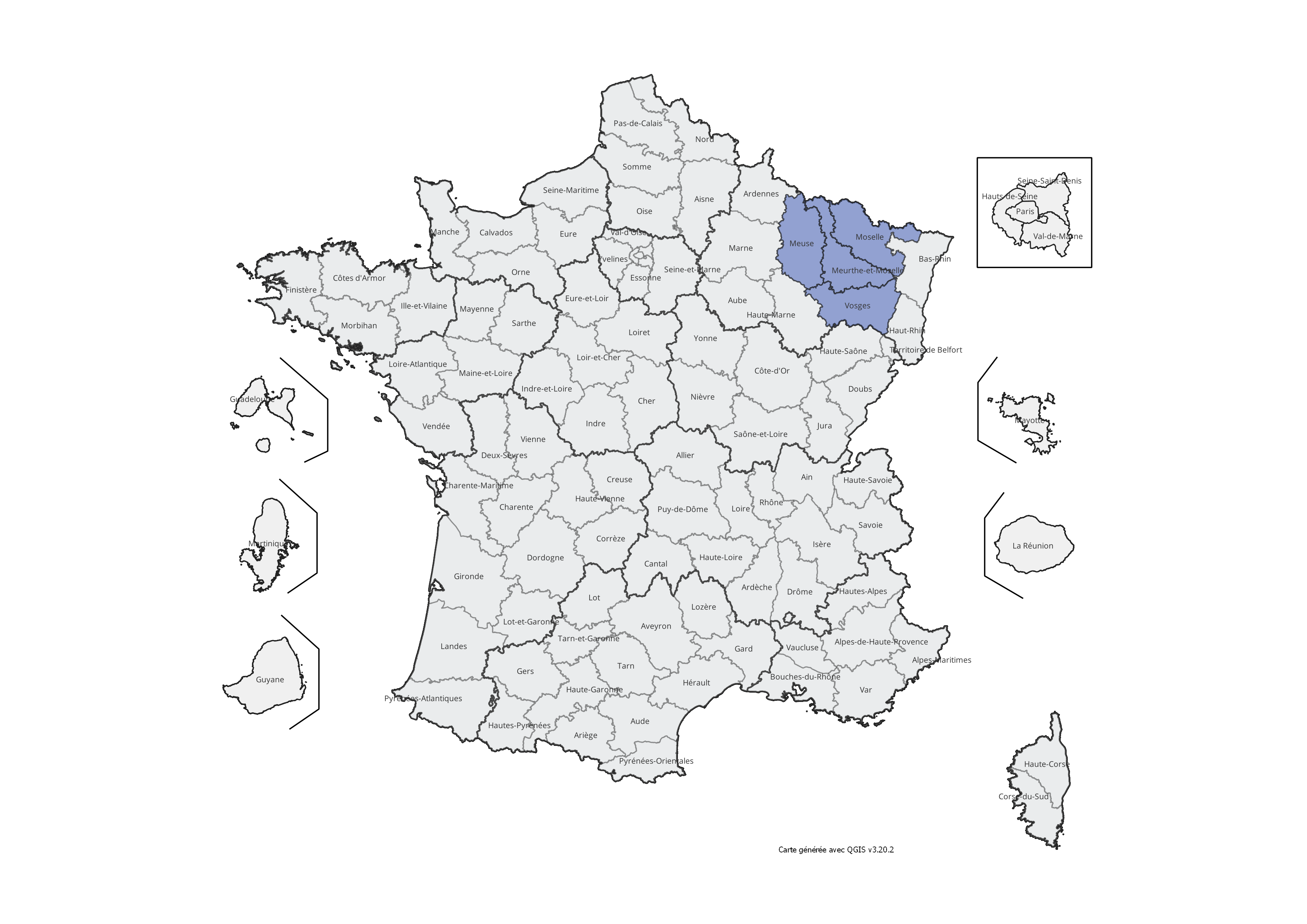 Carte de France indiquant les départements impliqués dans le projet. Description détaillée ci-dessous.