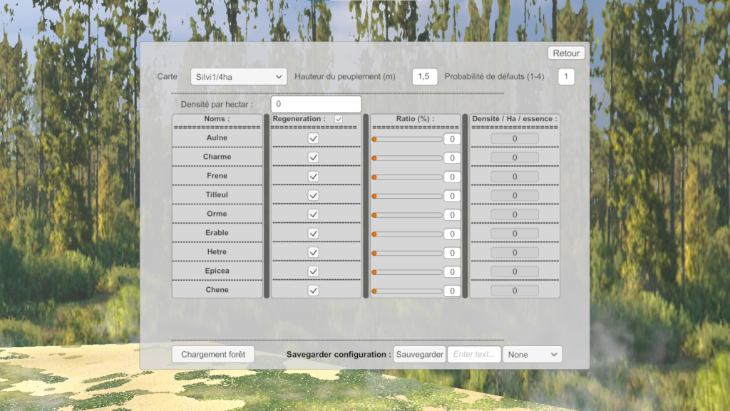 Capture d'écran présentant les types d'arbres présents sur la parcelle. Description détaillée ci-dessous.