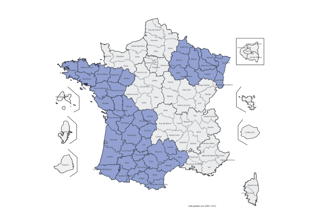 Carte de France indiquant les départements impliqués dans l'action. Description détaillée ci-dessous.