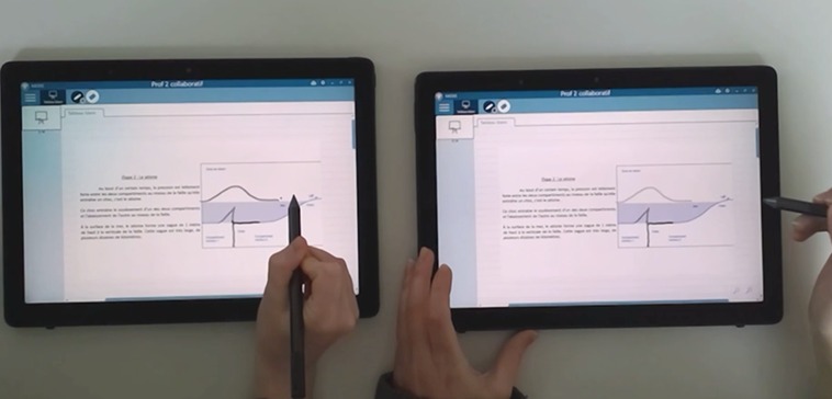 Photo montrant deux élèves utilisant un stylet pour tracer leur schéma sur une tablette.